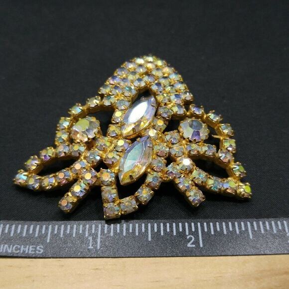 Vintage Large Aurora Borealis Clear Rhinestone Leaves Brooch, Gold Plated, 1960s - Picture 9 of 10